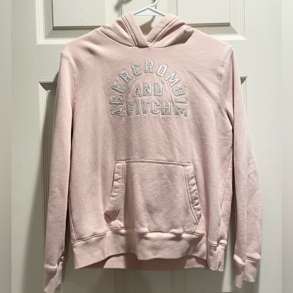 Abercrombie kids Hoodie- Light pink words have a rose gold outline